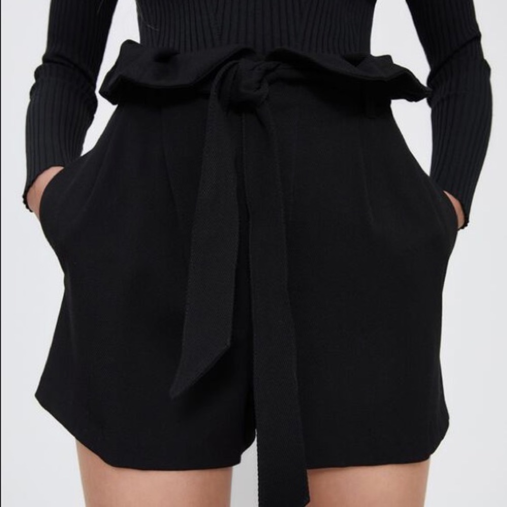 Zara Black High Waisted Paperbag Bermuda Shorts